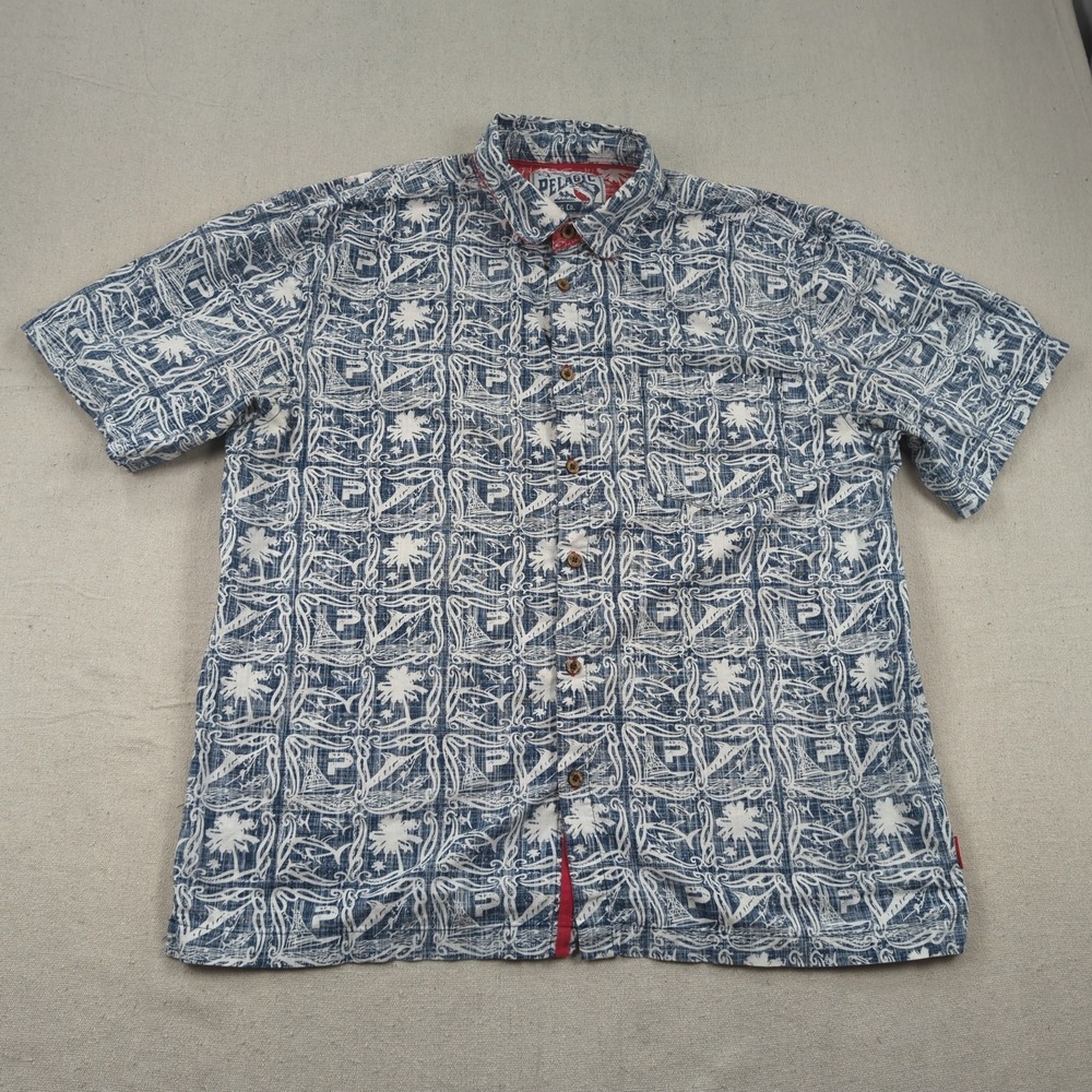 Pelagic Shirt Mens Extra Large Blue Camp Fishing Palm Trees Marlin Reverse Print